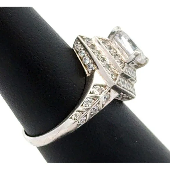 Designer 925 Sterling Silver Square Cubic Zirconia Three Tiered Engagement Ring